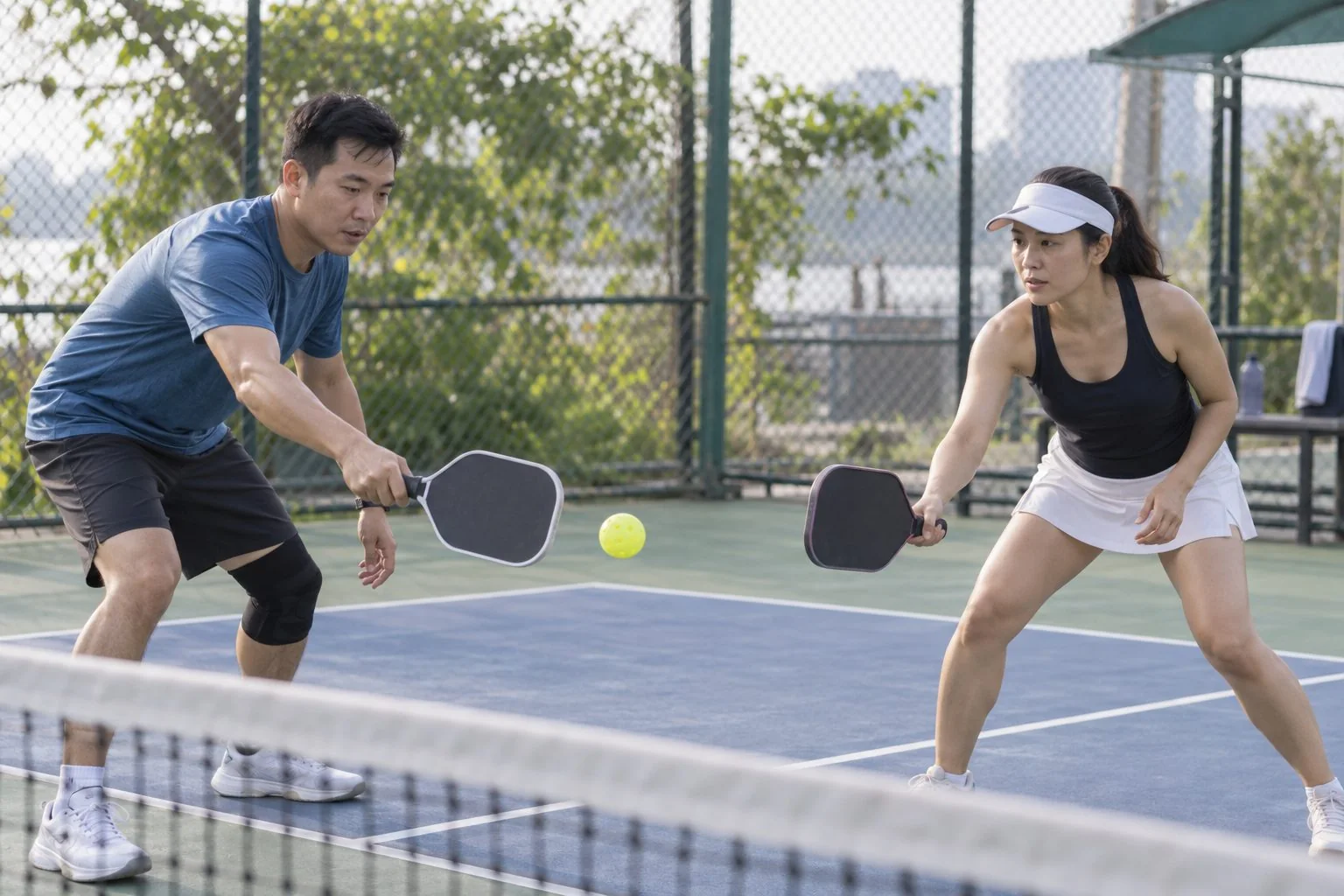 Hai người chơi pickleball luyện dink có kiểm soát ở gần vạch bếp