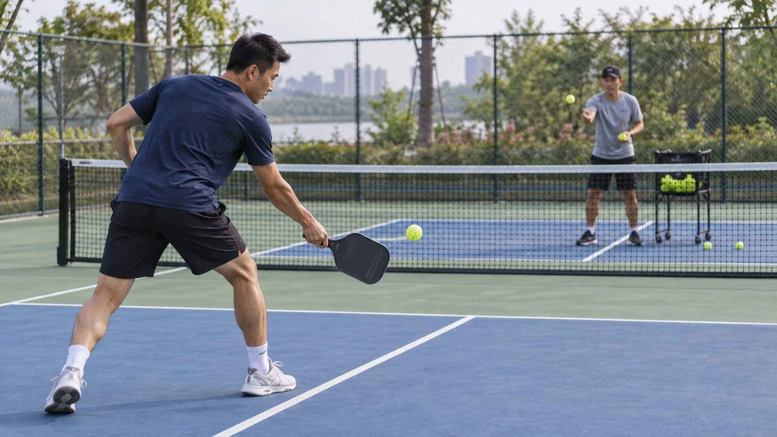 Người chơi pickleball luyện cú third-shot drop từ cuối sân với người tập cùng