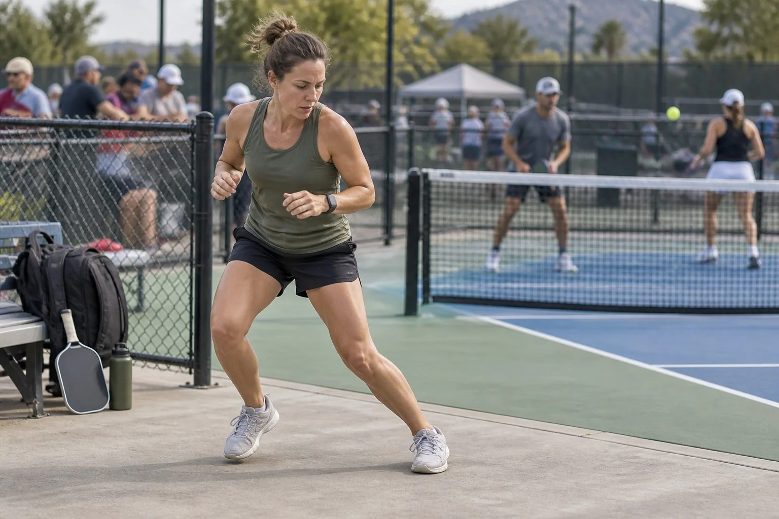 Pickleball player completing a dynamic warm-up before tournament play