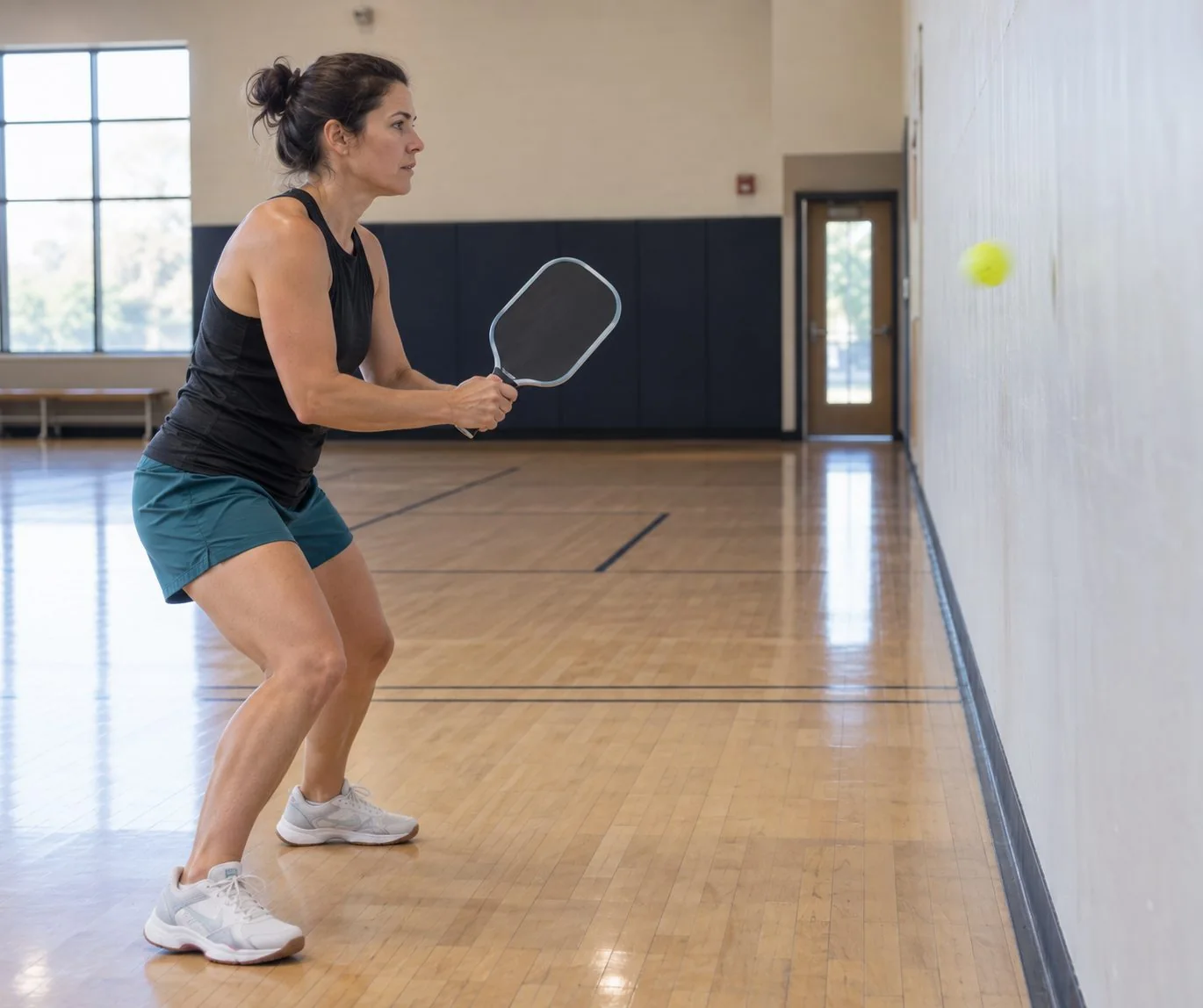 Player performing a solo pickleball wall-volley reaction drill