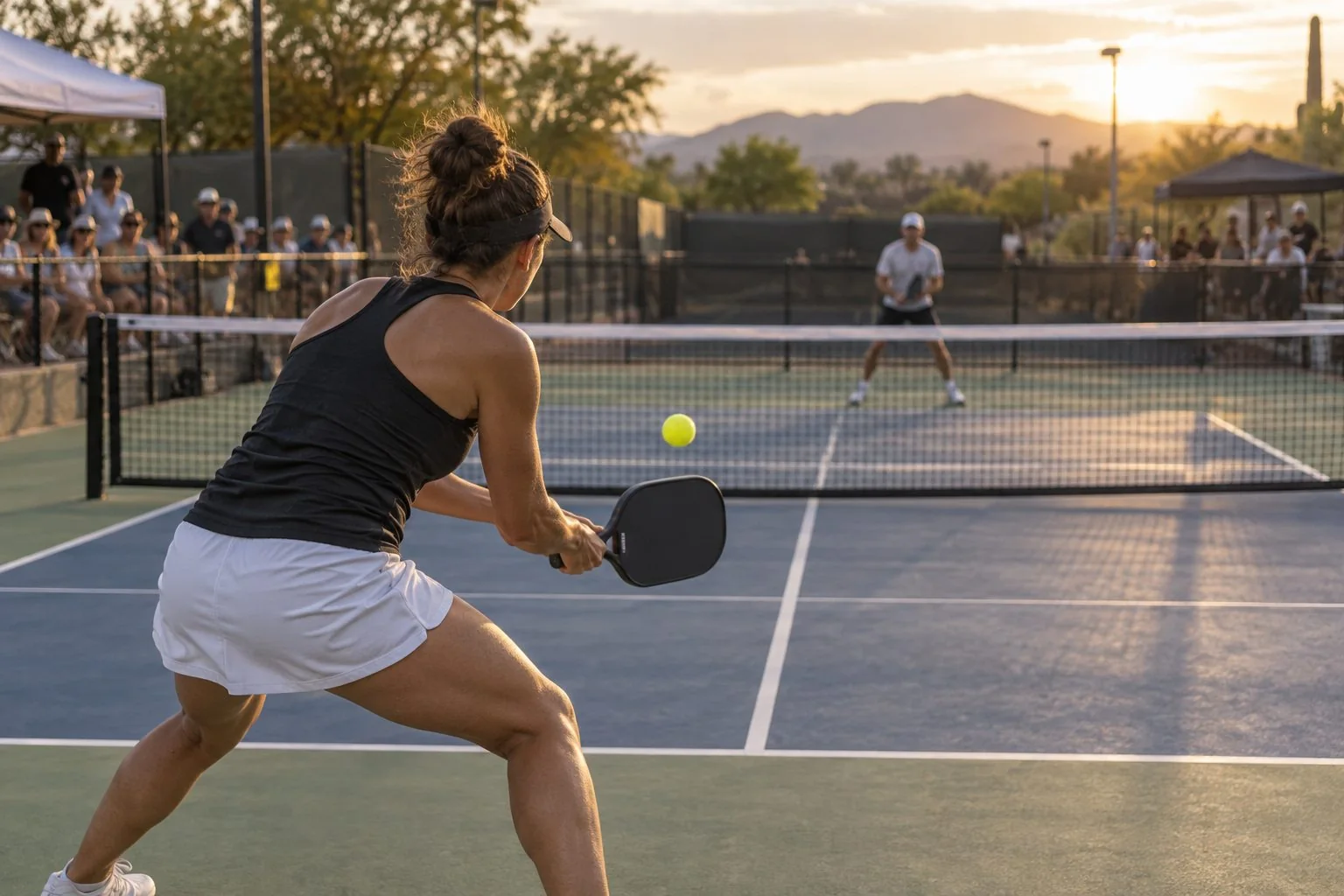 Jugador de pickleball individual preparado detrás de la línea de fondo