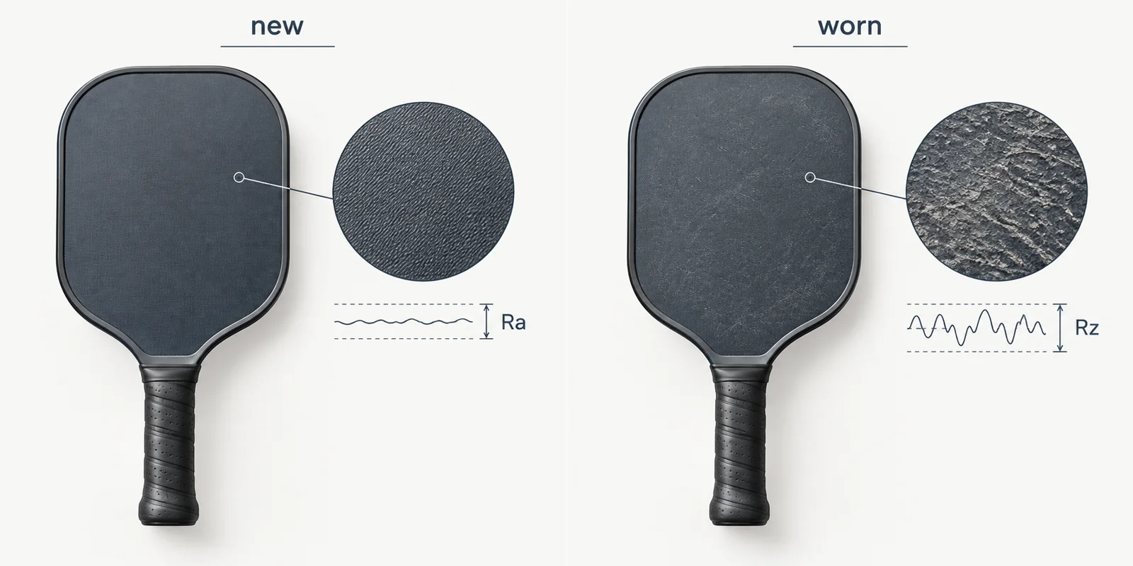 Technical diagram comparing paddle surface roughness before and after controlled wear