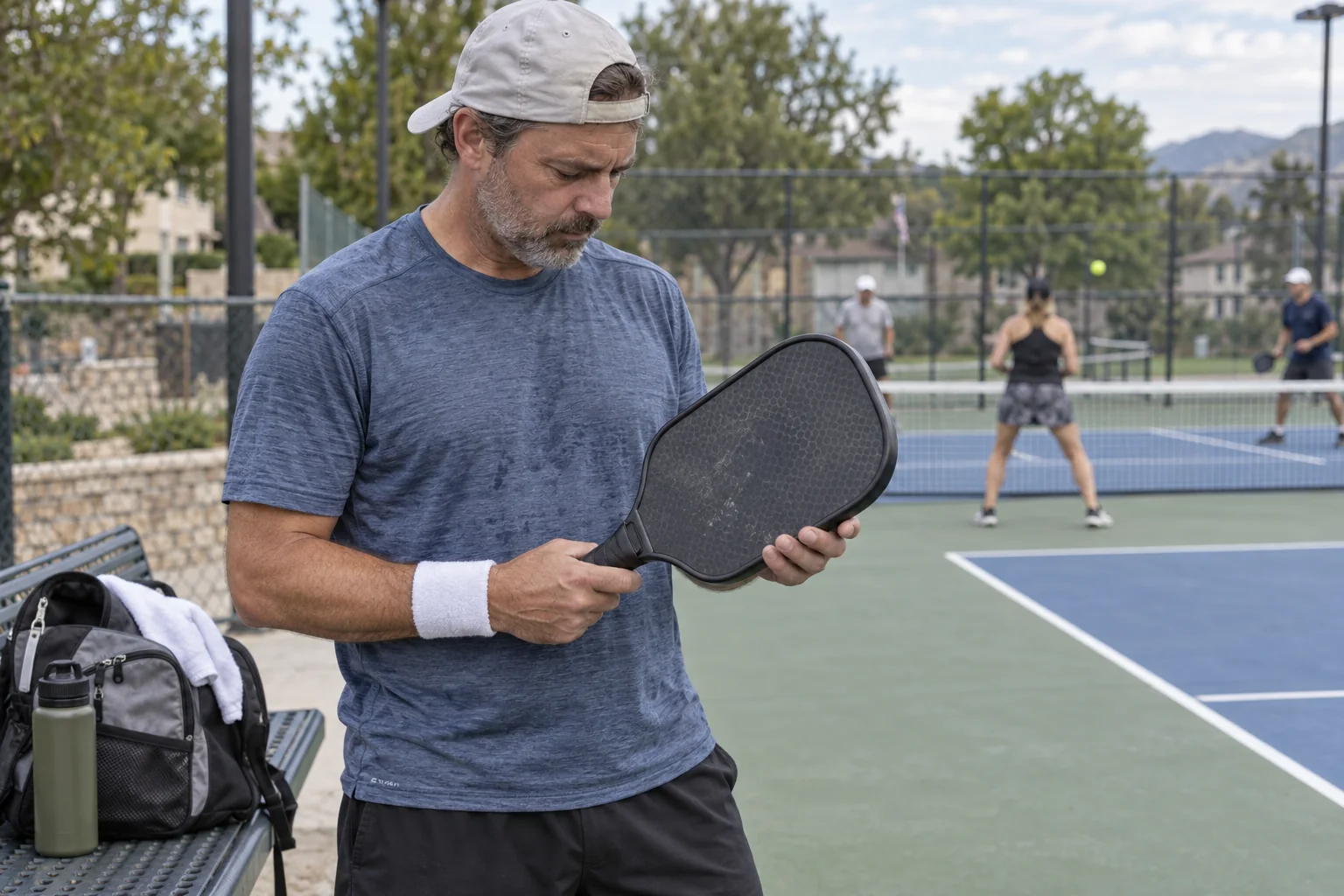 Pickleball player checking paddle surface beside an outdoor court bag