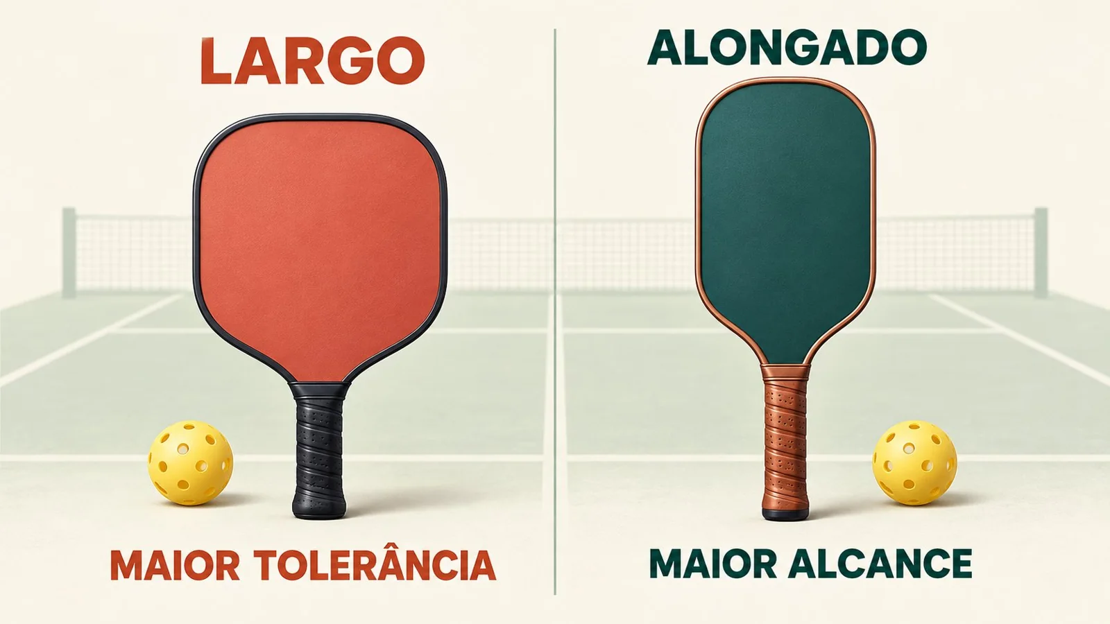 Comparação visual entre raquetes largas e alongadas em uma quadra de pickleball