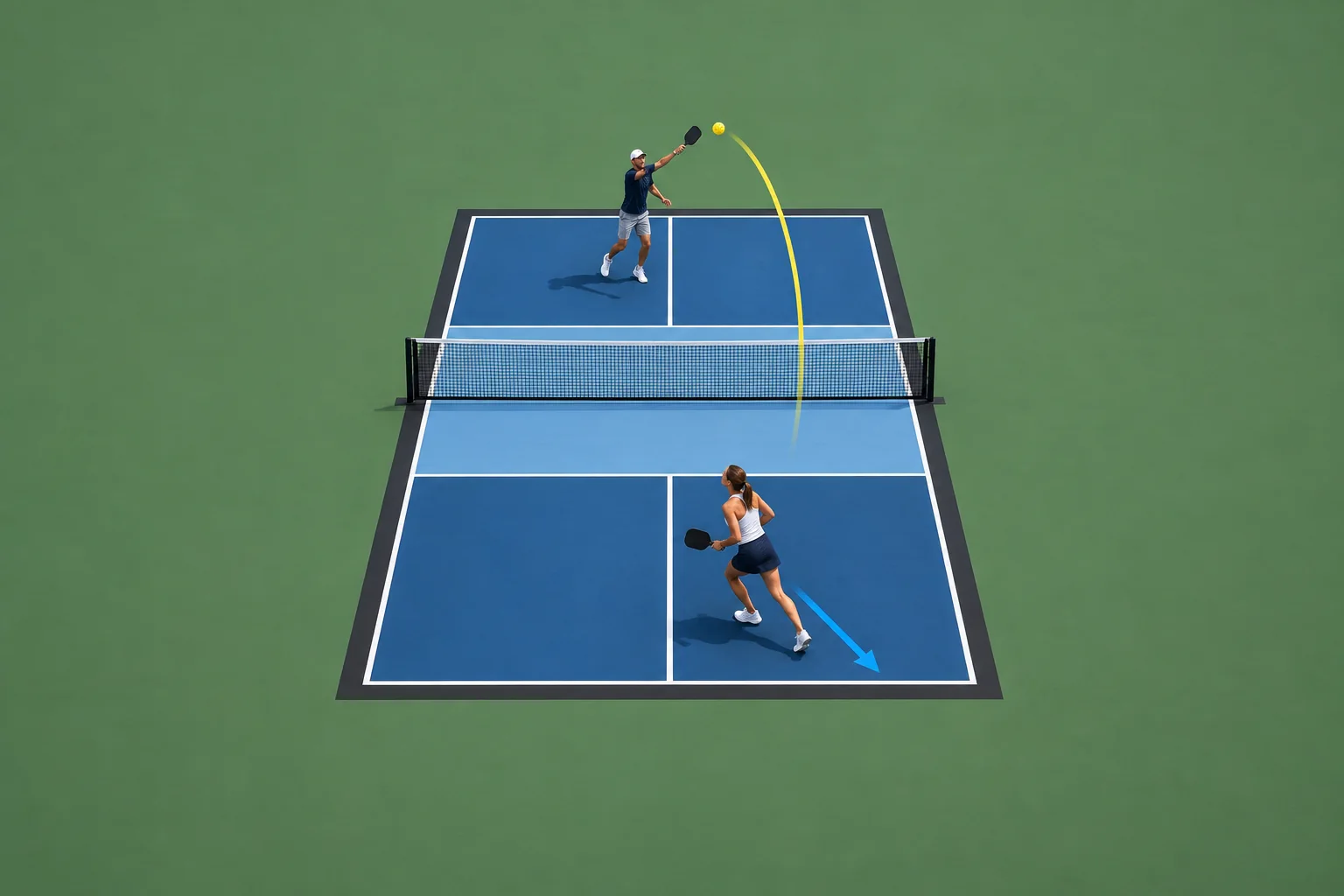 Minh họa cú lob pickleball bay qua người chơi ở khu bếp