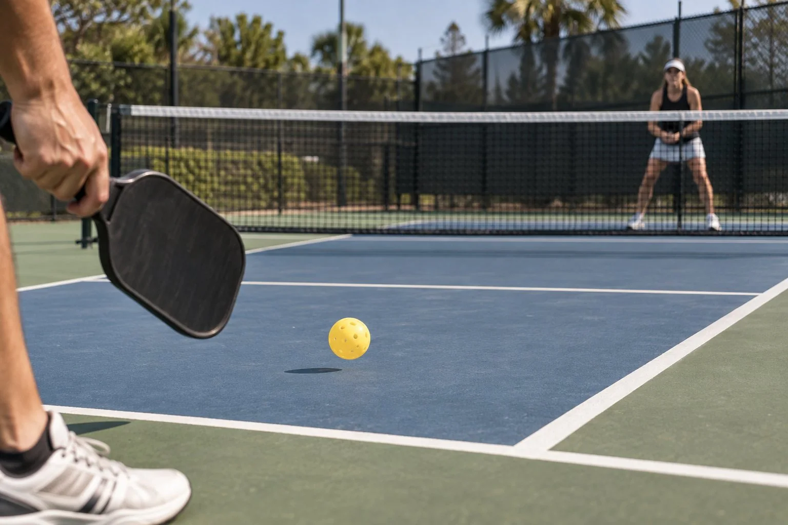 Pelota de pickleball botando en el cuadro diagonal de servicio