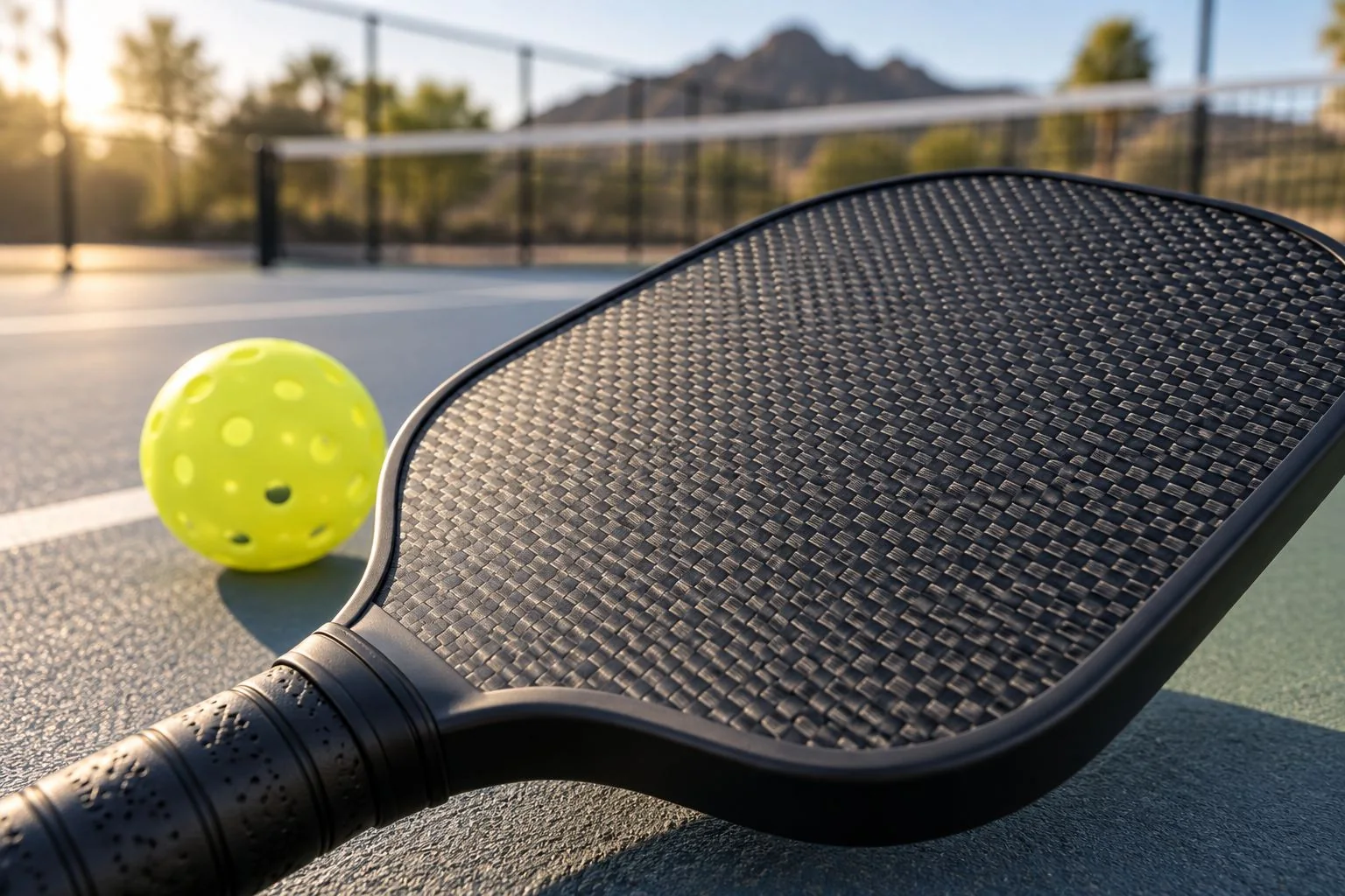 Close-up of a textured pickleball paddle face and ball