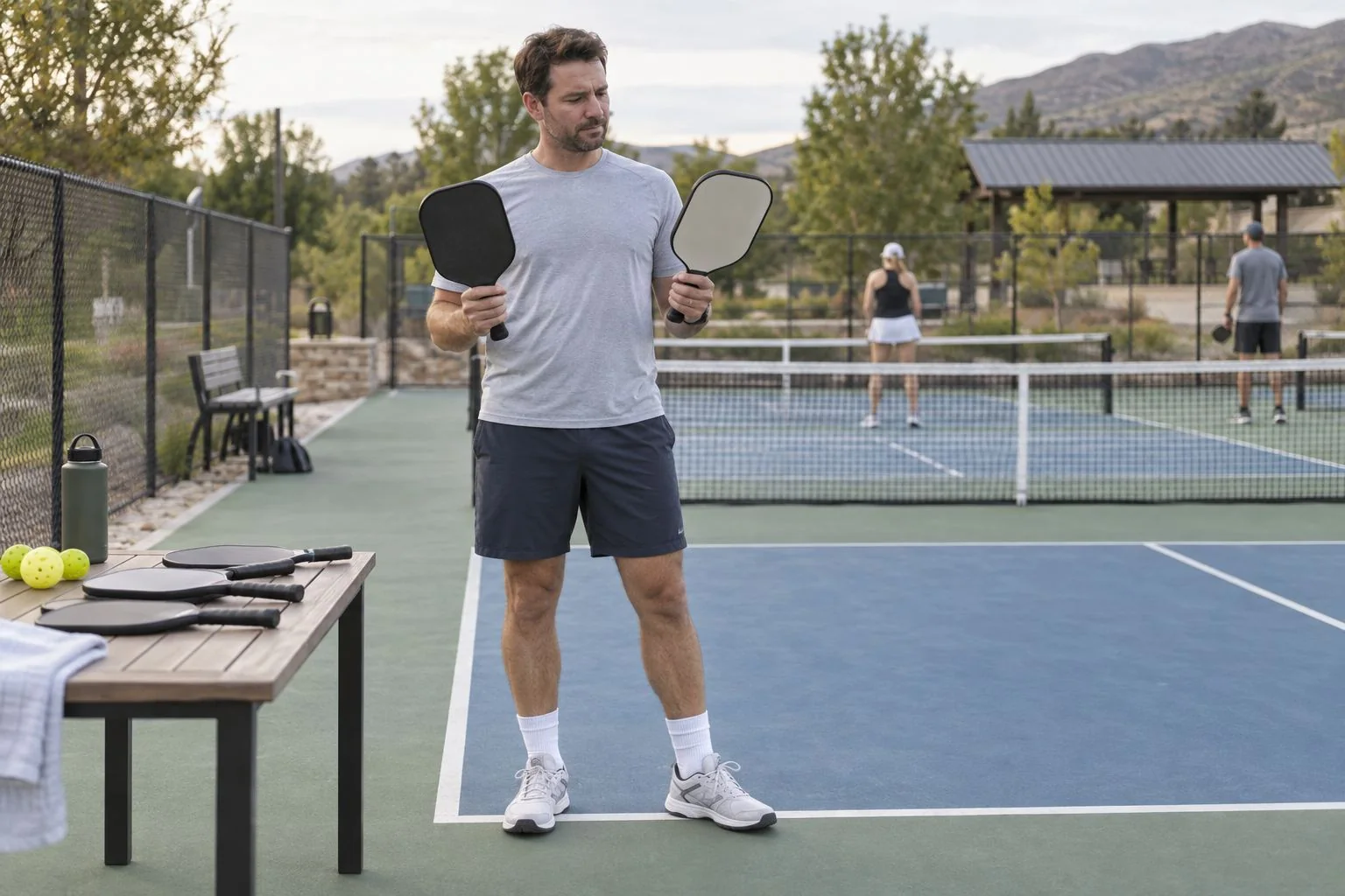 Player comparing two pickleball paddles during a community-court warm-up
