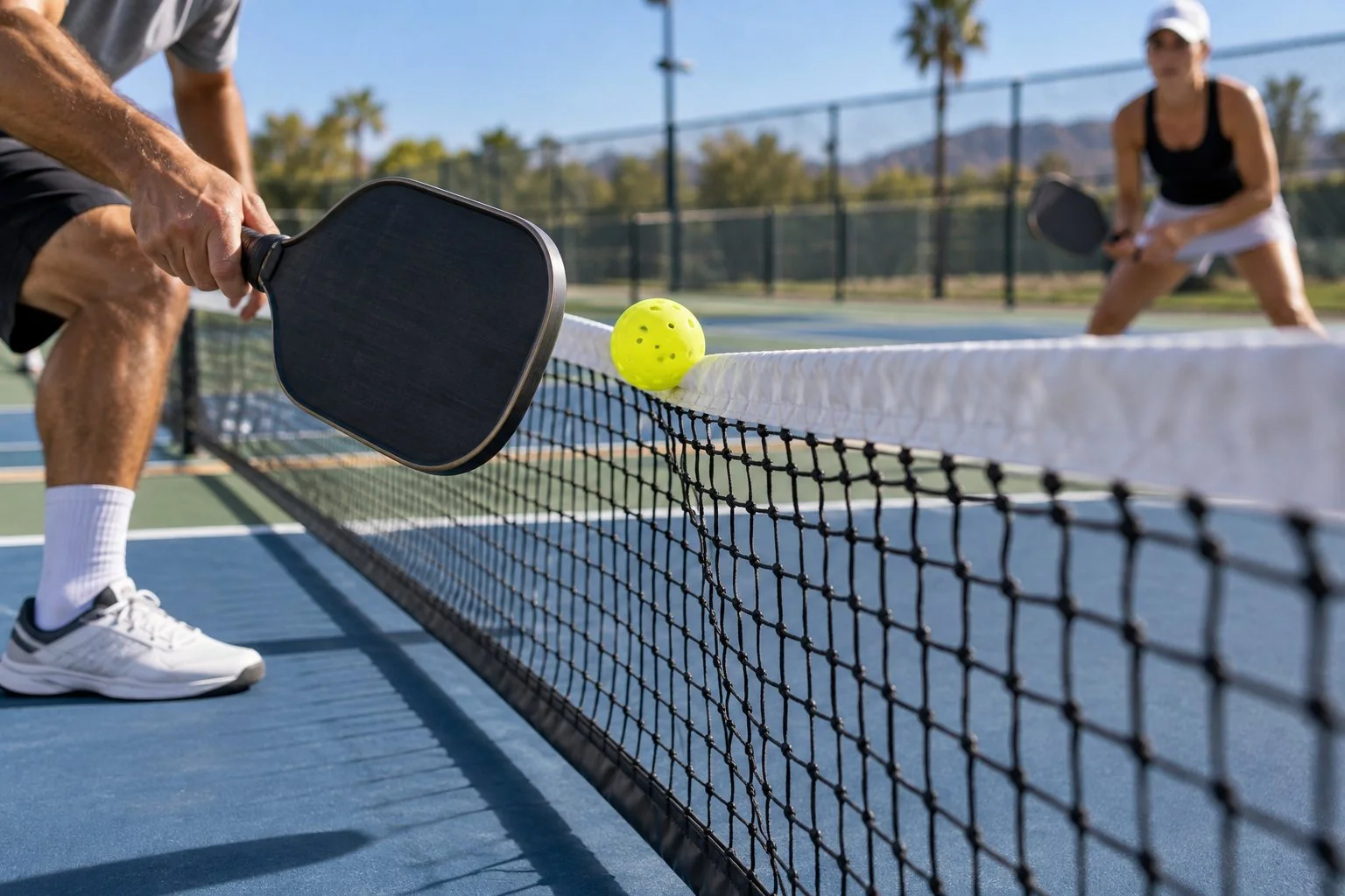 Quả bóng pickleball chạm mép lưới trong pha bóng