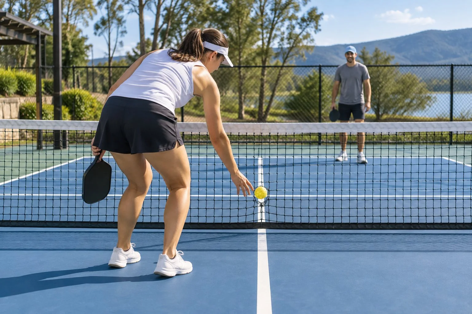Bóng pickleball mắc ở lưới và rơi xuống phía người đánh