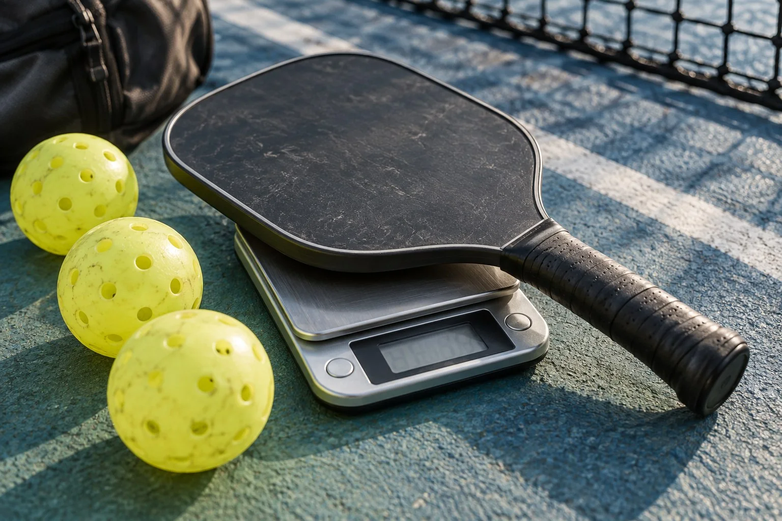 Raquete de pickleball em uma balança ao lado de bolas e quadra, composição editorial realista sem texto ou logotipos