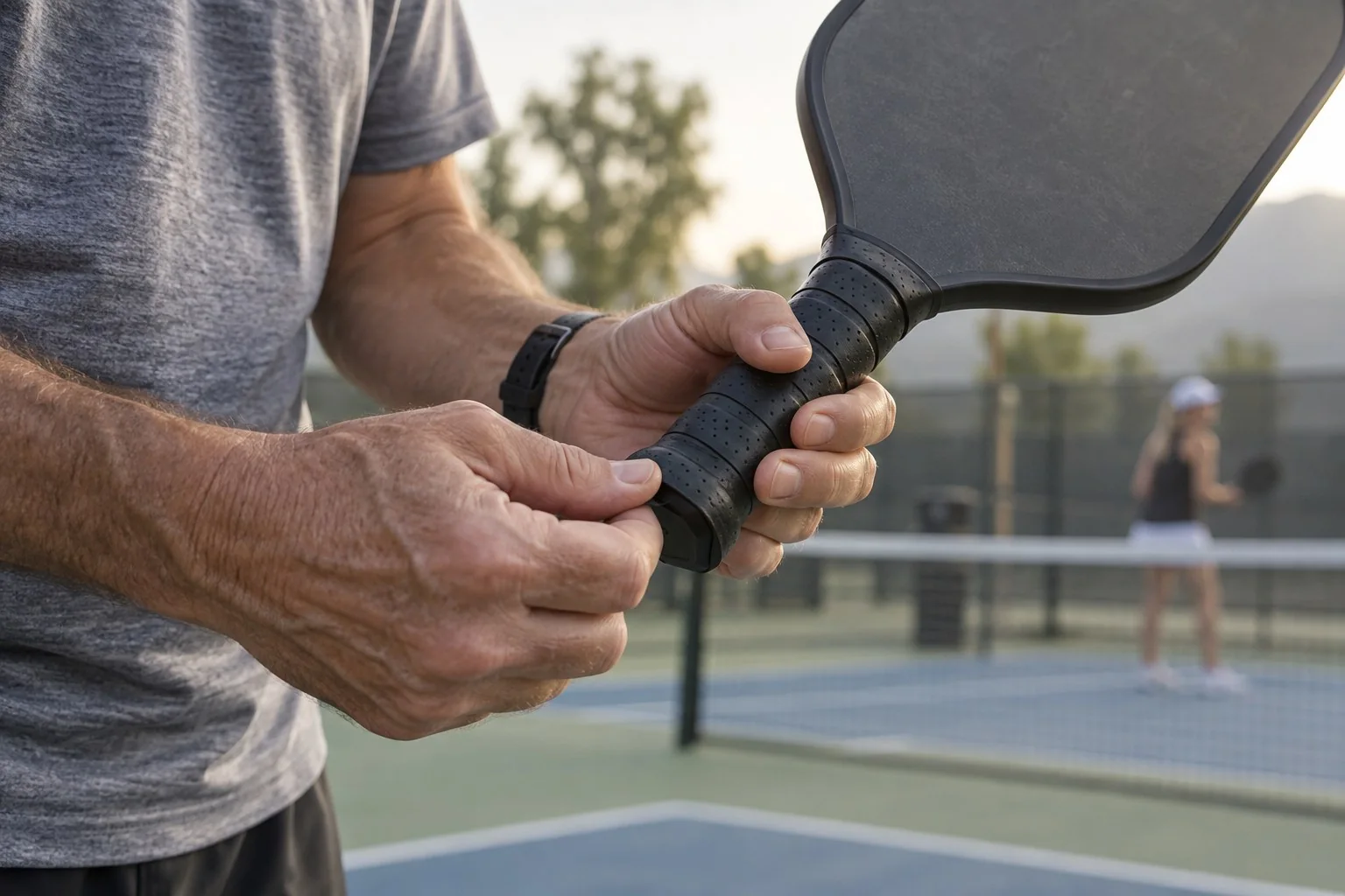 Detalhe das mãos de um jogador ajustando a empunhadura de uma raquete de pickleball antes do saque, foco no cabo e no conforto