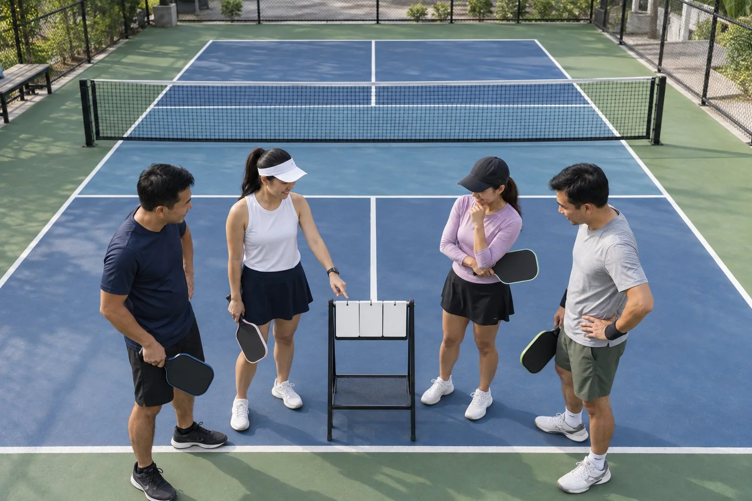 Đội đôi pickleball kiểm tra tỷ số trước khi đổi đầu sân