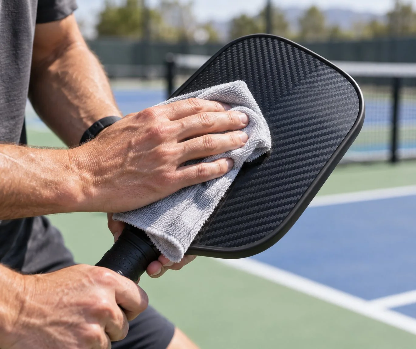 Nettoyage delicat de la face carbone d’une raquette de pickleball
