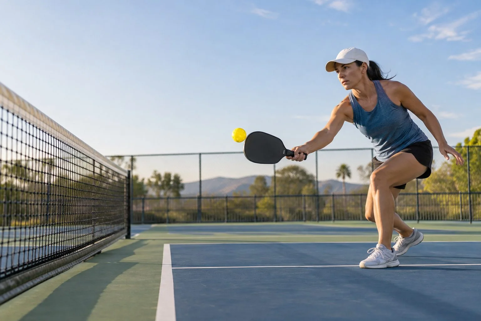 Player making a controlled low pickleball scoop