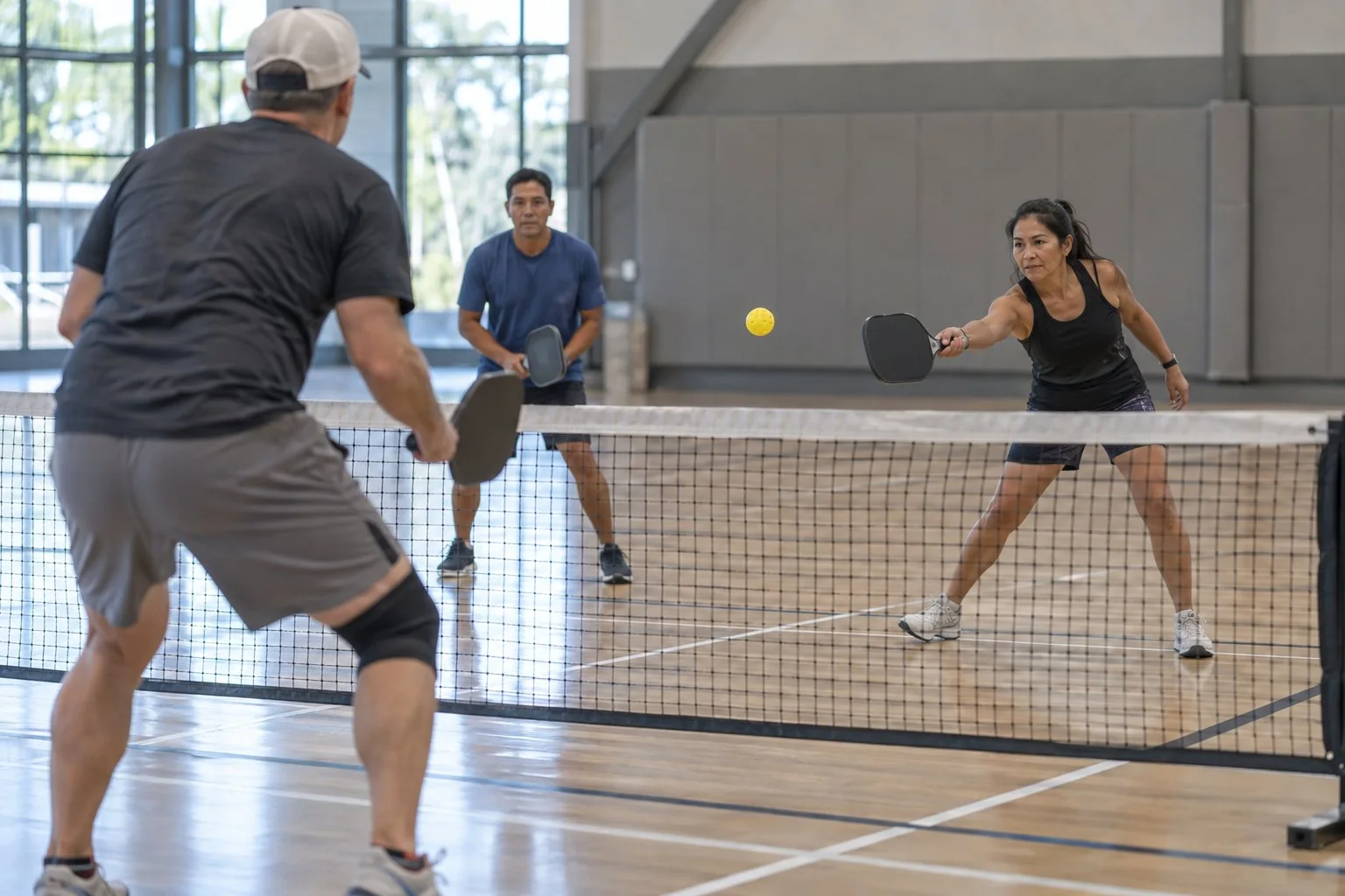 Duas bolas de pickleball, uma para quadra indoor e outra para quadra outdoor, sobre superfícies diferentes