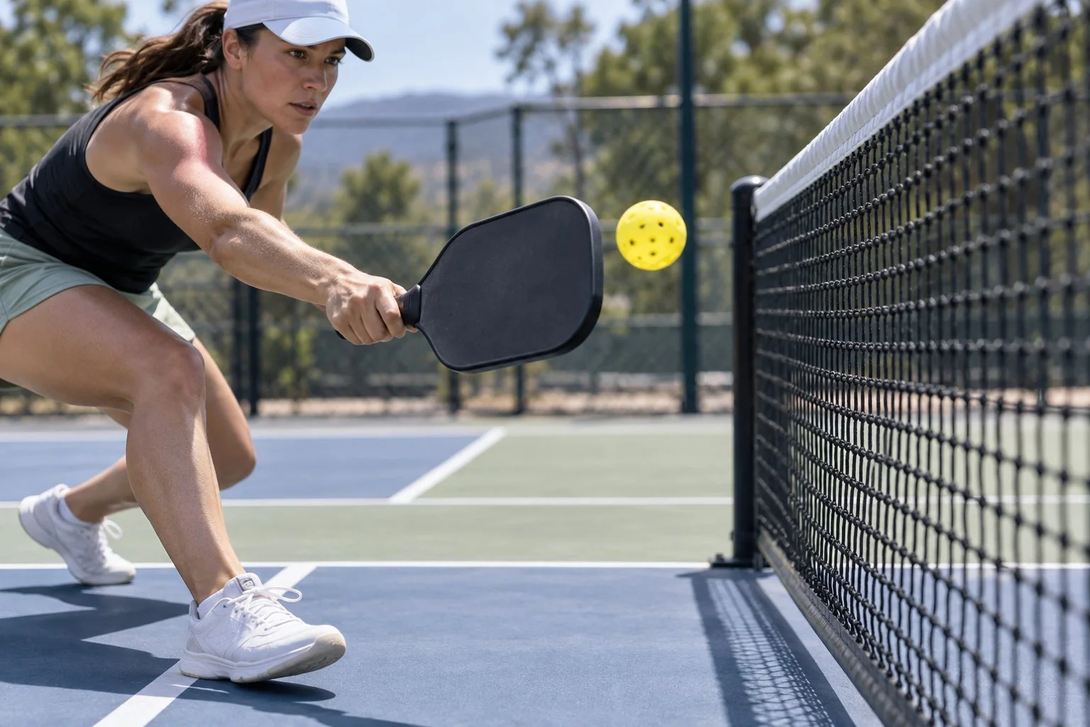 Người chơi đưa vợt tới bóng ngay trước lưới pickleball