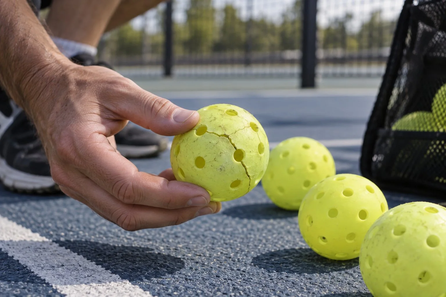 Close de uma mão examinando uma bola de pickleball outdoor com rachadura junto a outras bolas separadas