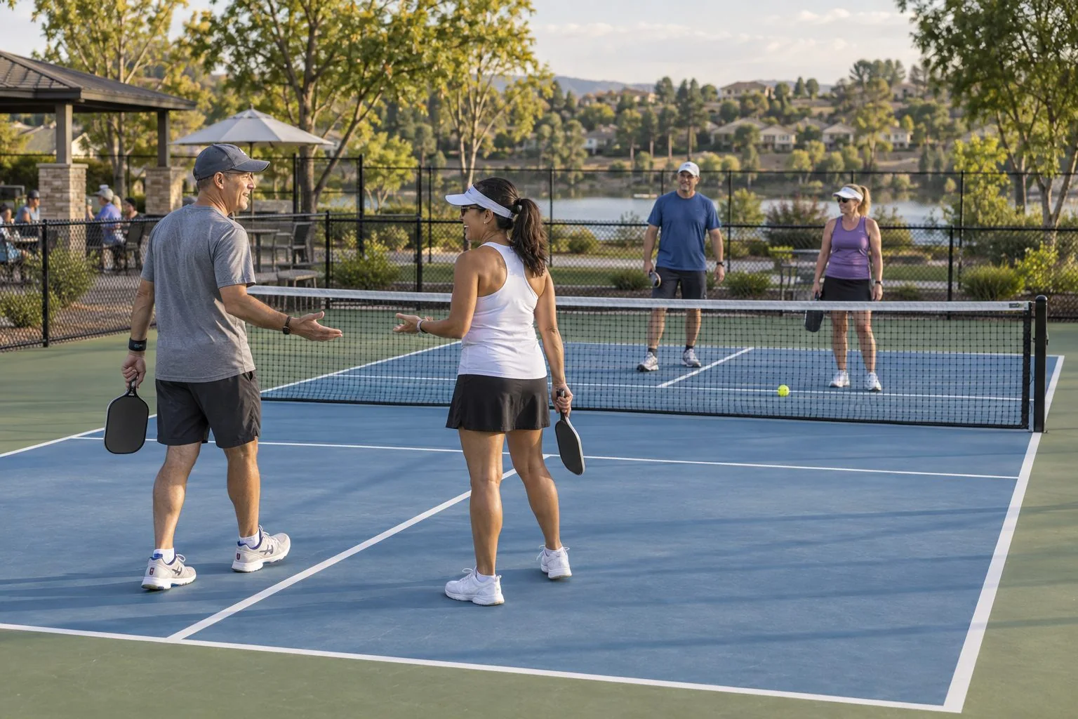 Close view of a pickleball landing on the edge of a painted sideline