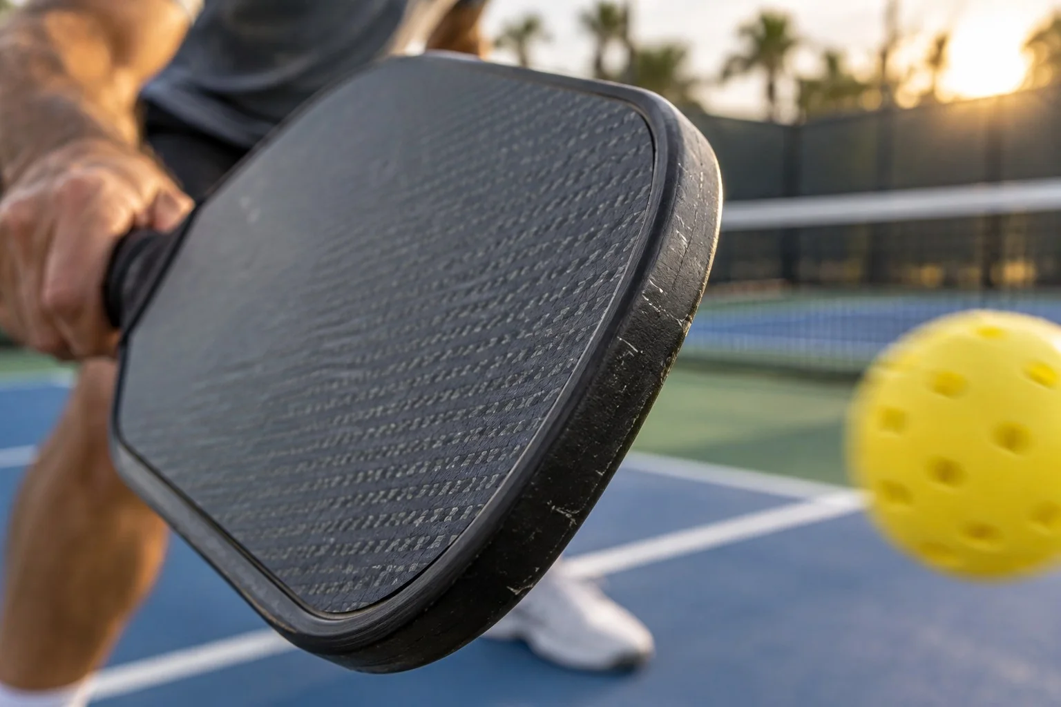 Raquete de pickleball em close com protetor de borda intacto, vista editorial realista sem texto ou logotipos