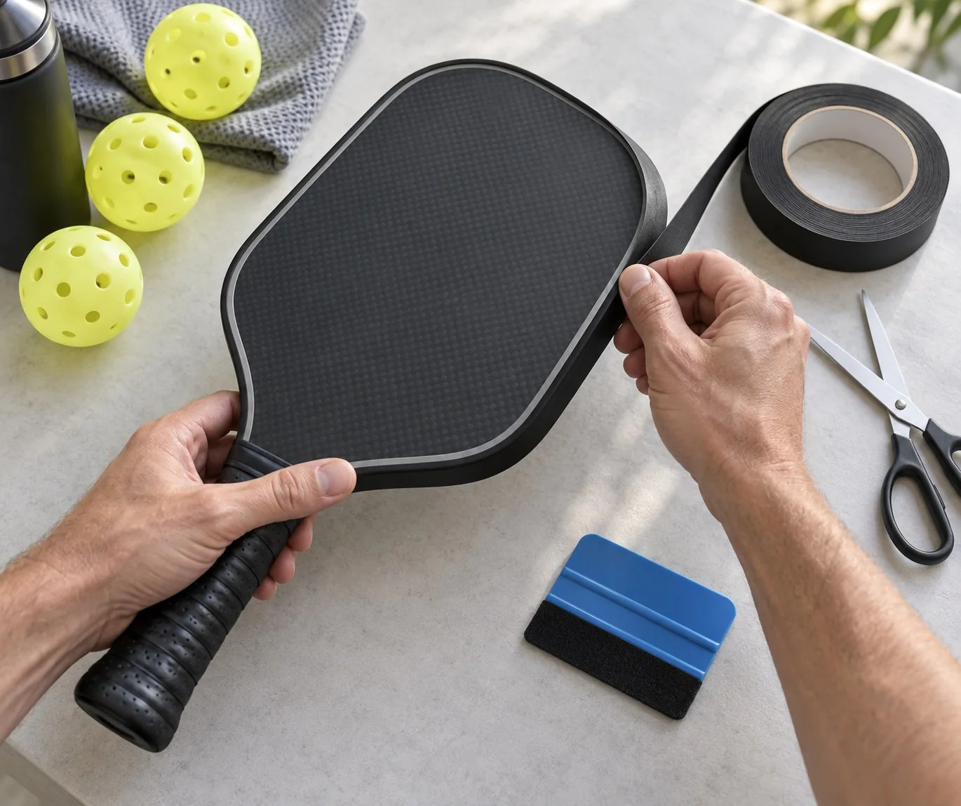 Aplicação cuidadosa de nova fita na borda de uma raquete de pickleball sobre uma bancada limpa, ângulo superior, sem texto ou logotipos