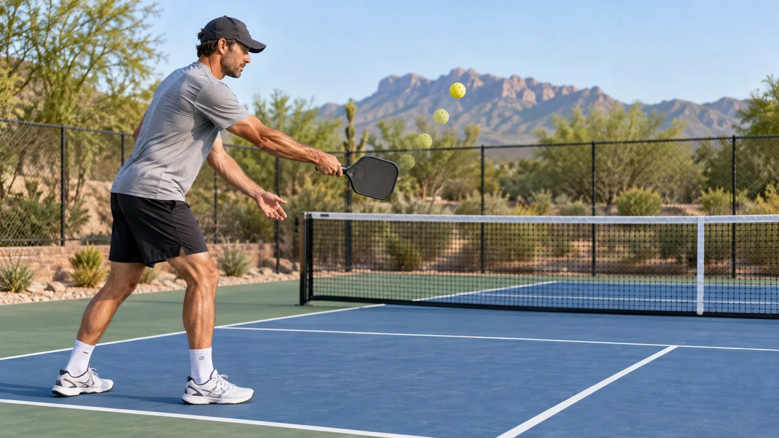 Joueur exécutant un service sans rebond de pickleball en vue latérale