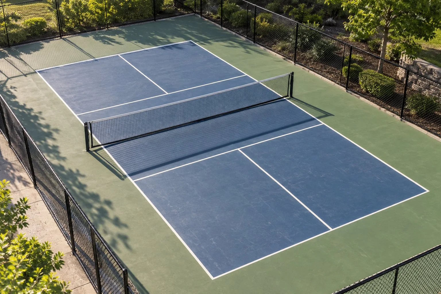 Vista elevada oblicua de una pista de pickleball y sus sombras