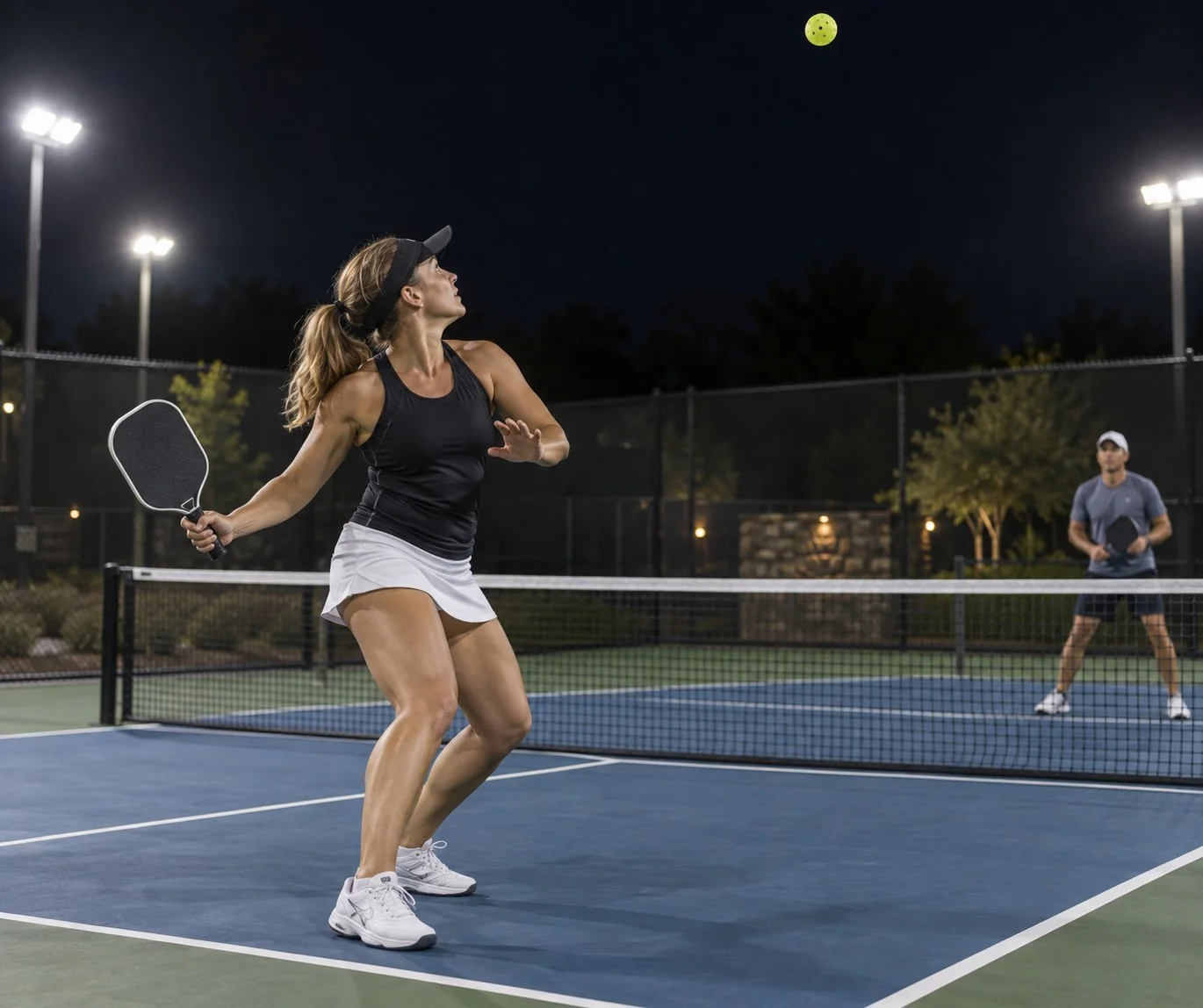 Quadra de pickleball ao entardecer com iluminação uniforme e sem ofuscamento, fotografia editorial realista, sem texto nem logotipos