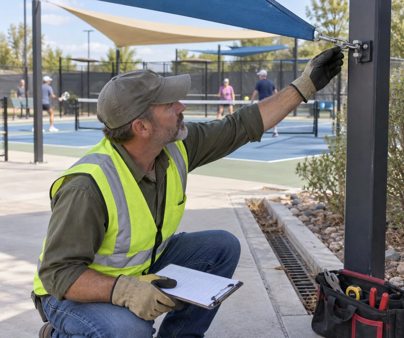 Volunteer inspecting a shade-sail anchor beside a community pickleball court