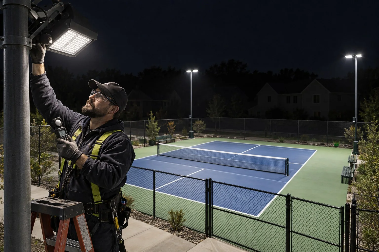Vista lateral de uma quadra externa de pickleball com postes posicionados fora das linhas de visão, jogador acompanhando um lob, fotografia realista sem texto