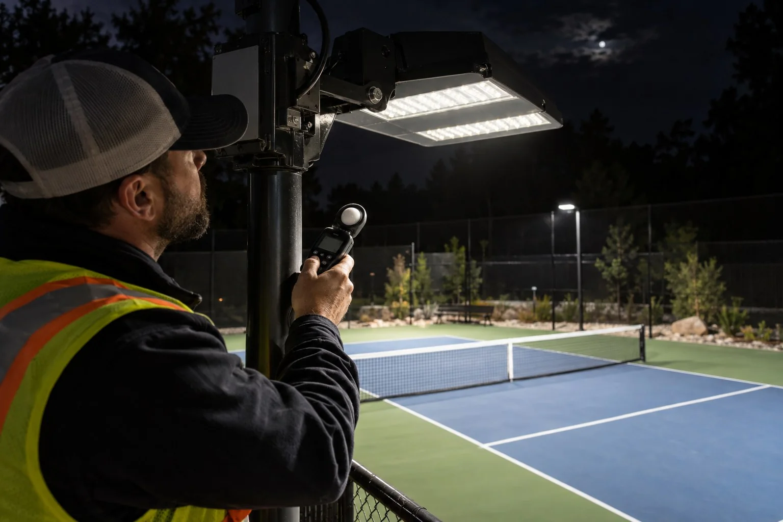 Técnico fazendo inspeção noturna em luminária LED de quadra de pickleball, verificando o direcionamento do feixe e a ausência de luz nas casas vizinhas, fotografia documental realista sem texto