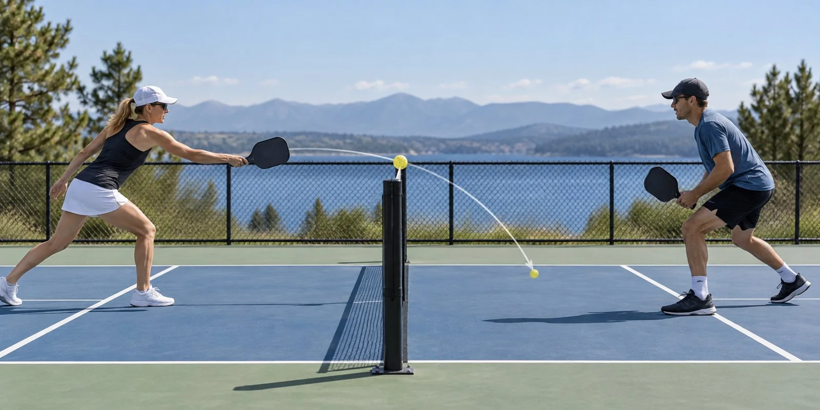 Balle de pickleball passant au-dessus du filet pendant un échange