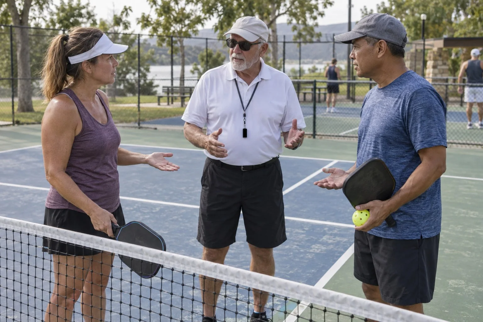 Dupla de pickleball conversando calmamente após uma bola tocar o jogador, árbitro comunitário observando a quadra, fotografia realista sem texto ou logotipo