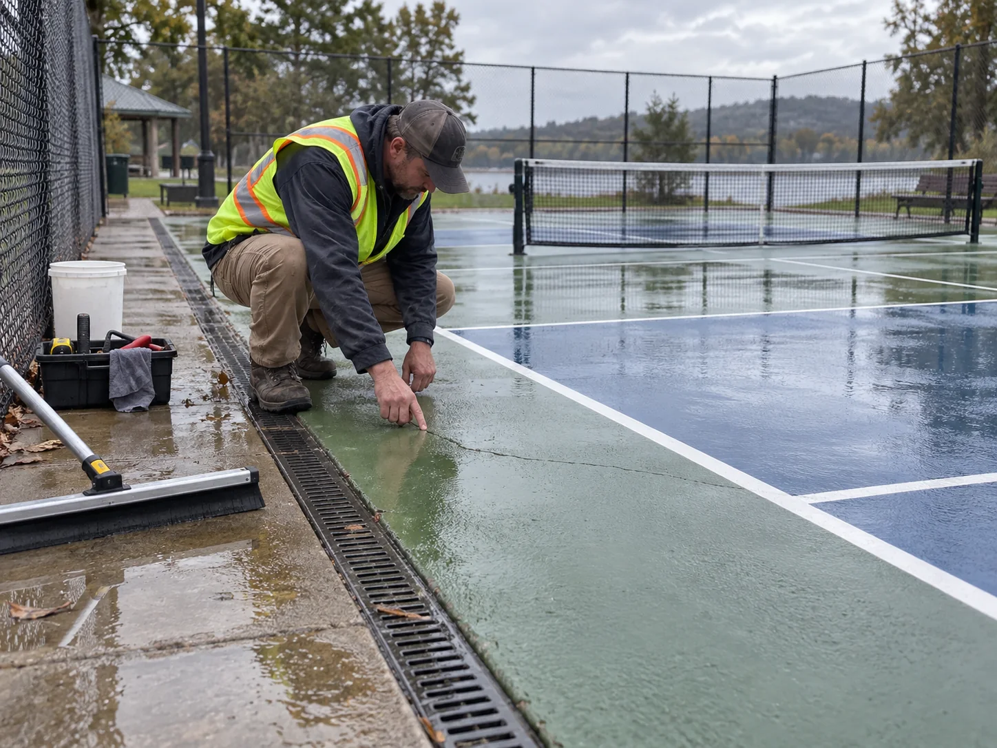 Inspeção de drenagem e borda de uma quadra externa de pickleball após chuva