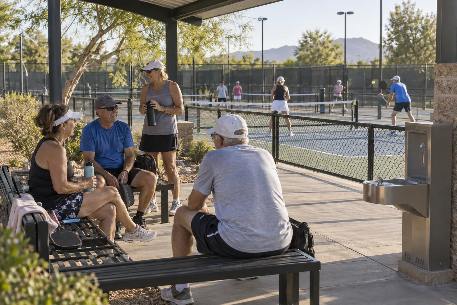 Jogadores descansando em bancos com sombra e bebedouro ao lado de quadras de pickleball, composição comunitária vista em diagonal