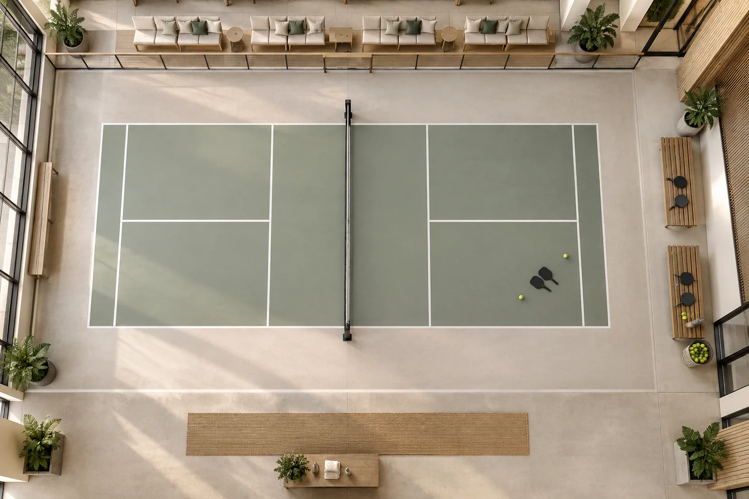 Vista superior editorial de uma quadra de pickleball com assentos, fila de raquetes, acesso e corredor de circulação claramente separados