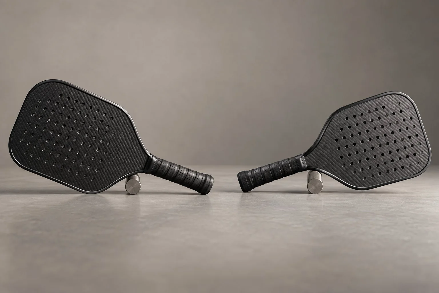 Detalle del punto de equilibrio en palas de pickleball con distinta distribución de masa