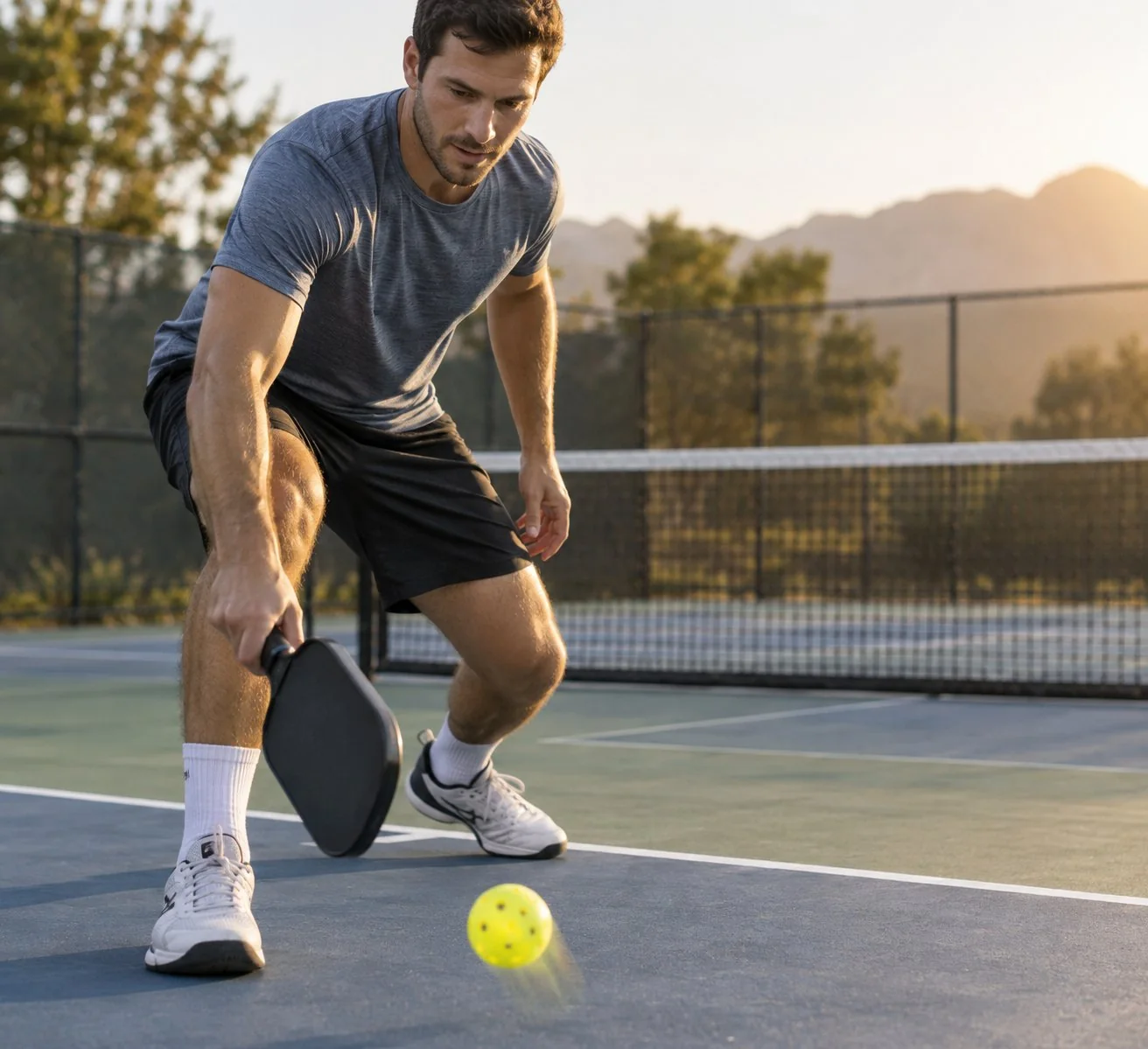 Echange de pickleball sur un court exterieur avec une balle en mouvement