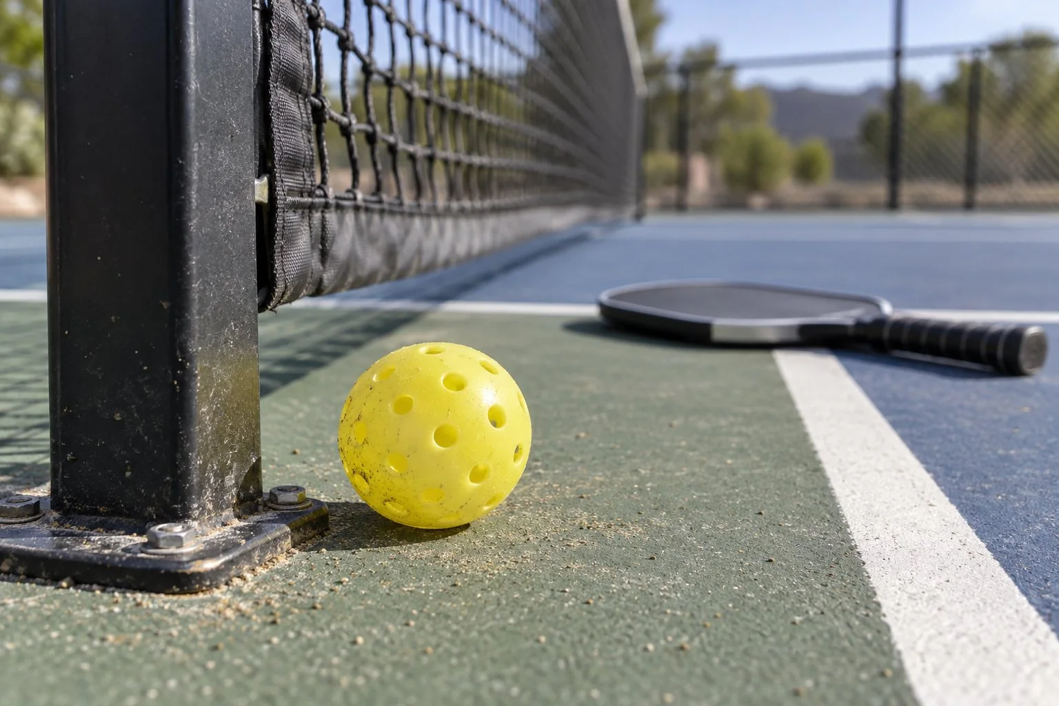 Close-up of a pickleball near the base of a regulation net post