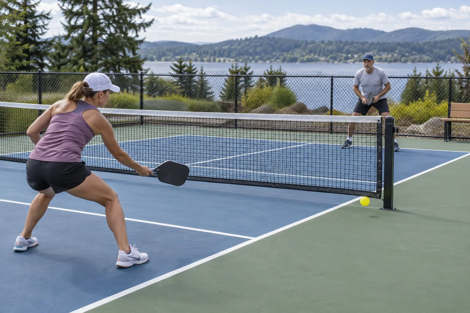 Two players watching a ball near the net post on an outdoor pickleball court