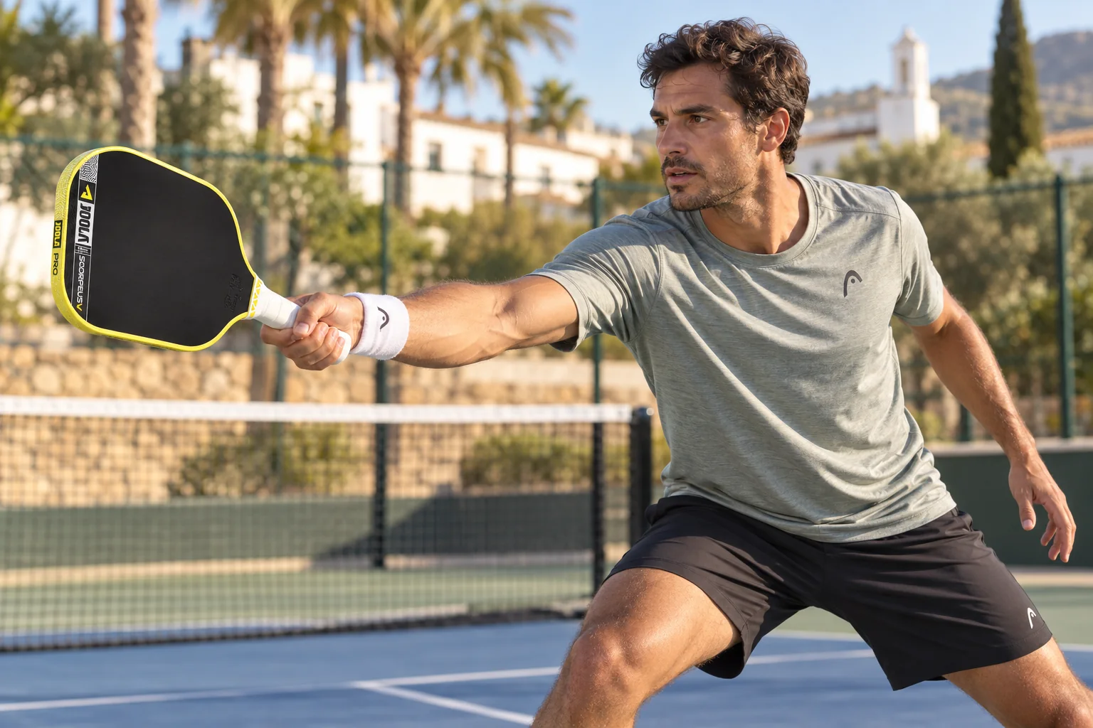 Jugador de pickleball usando una pala alargada para alcanzar una pelota lateral