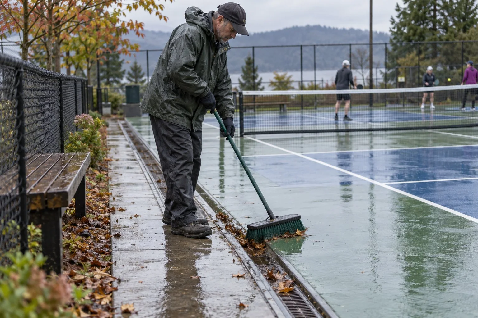 Mantenimiento de un canal de drenaje junto a una pista de pickleball tras la lluvia