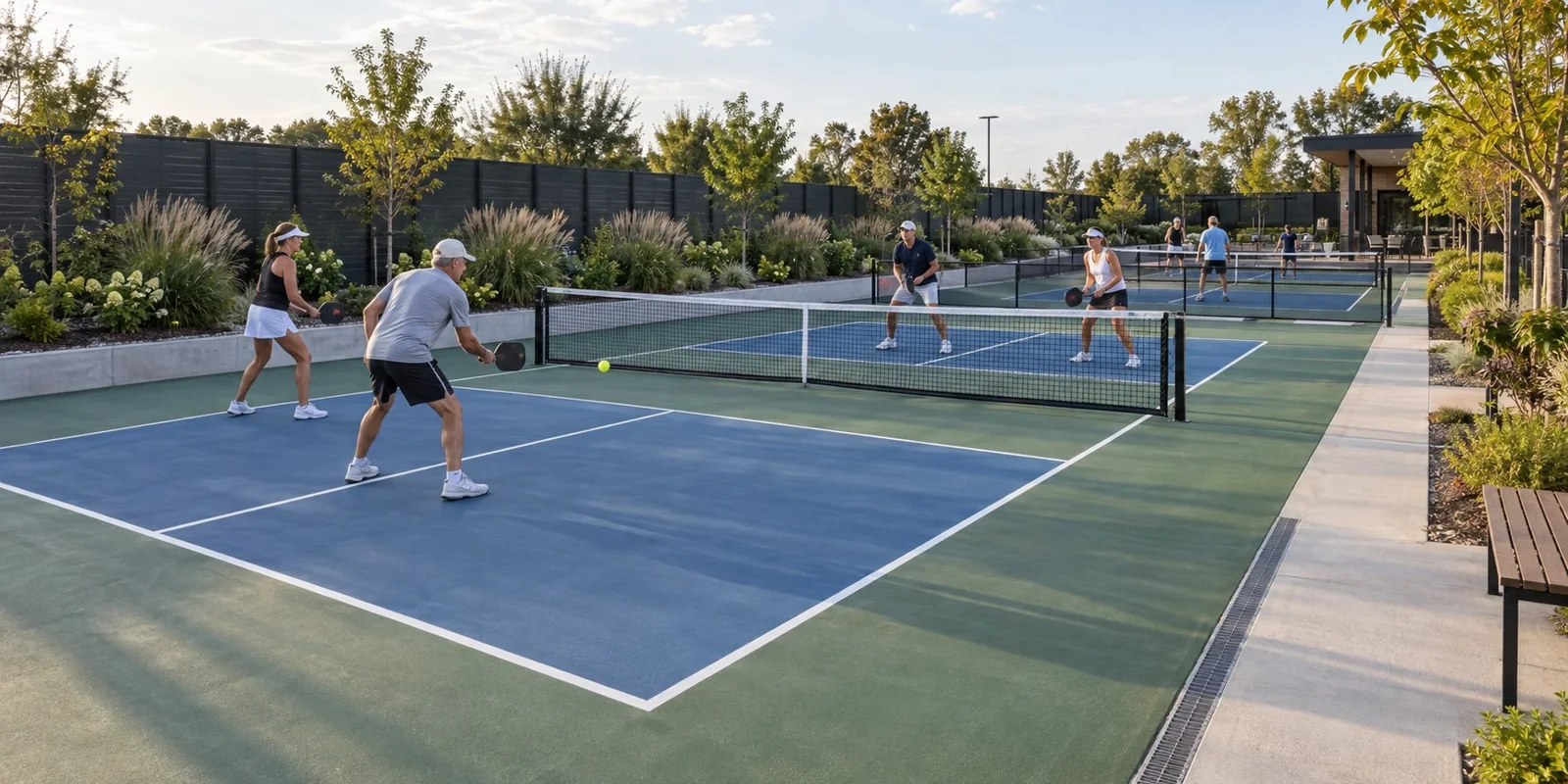 Pickleball courts with a planted buffer and acoustic boundary fence