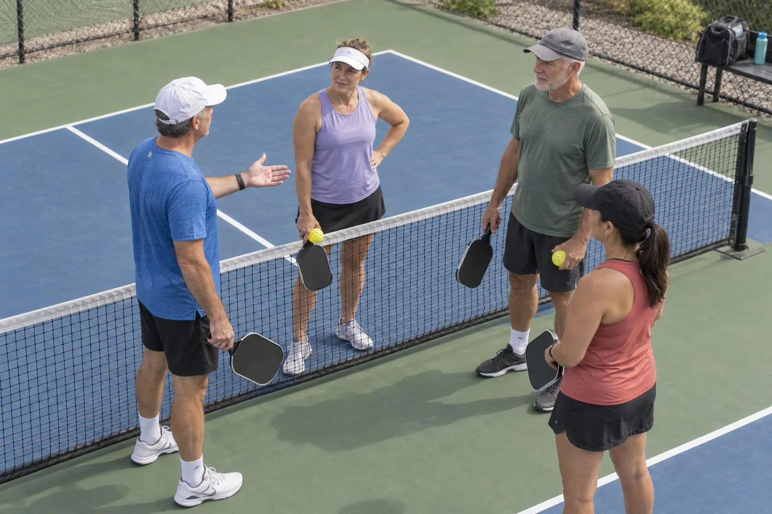 Hai cặp đôi bình tĩnh trao đổi sau tình huống gây phân tâm trên sân pickleball