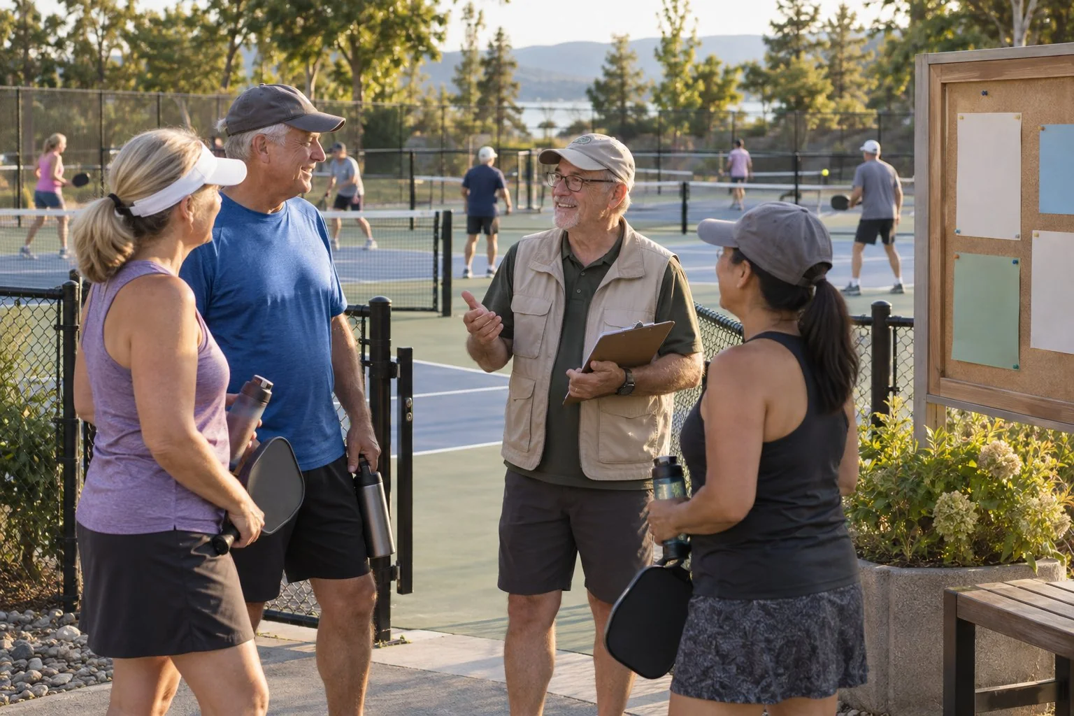 Community pickleball session with a volunteer explaining considerate court habits