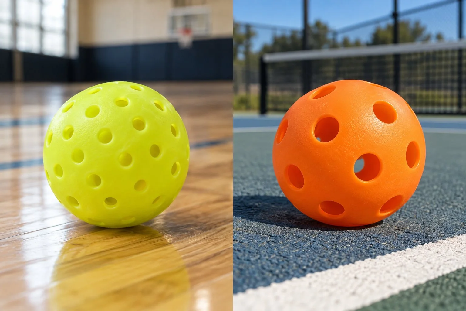 Detalle comparativo de una pelota indoor y una outdoor sobre sus superficies