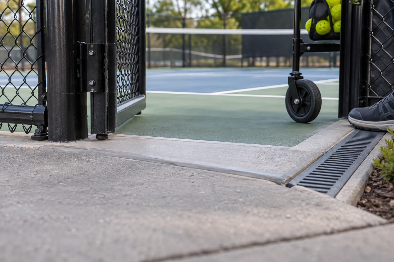 Accessible pickleball court entry with a clear approach