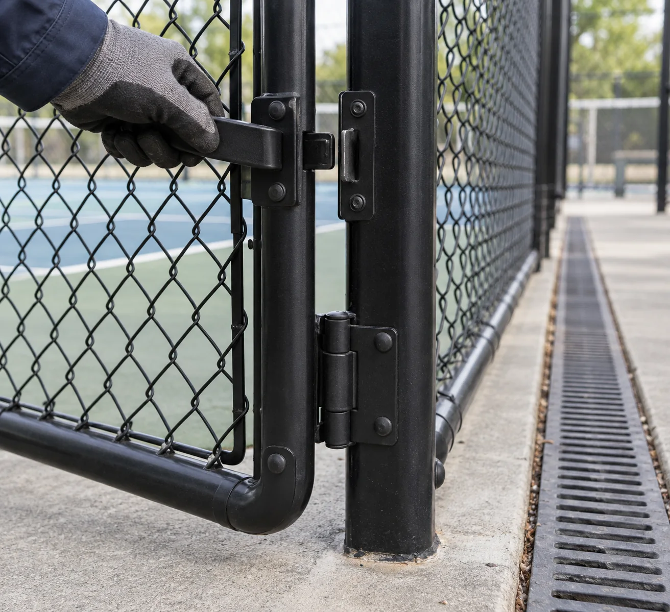 Close-up of a safe pickleball gate latch and smooth threshold