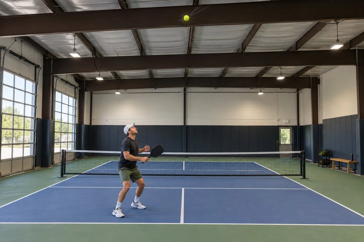 Bóng pickleball chạm dầm trần trước khi nảy trên sân trong nhà