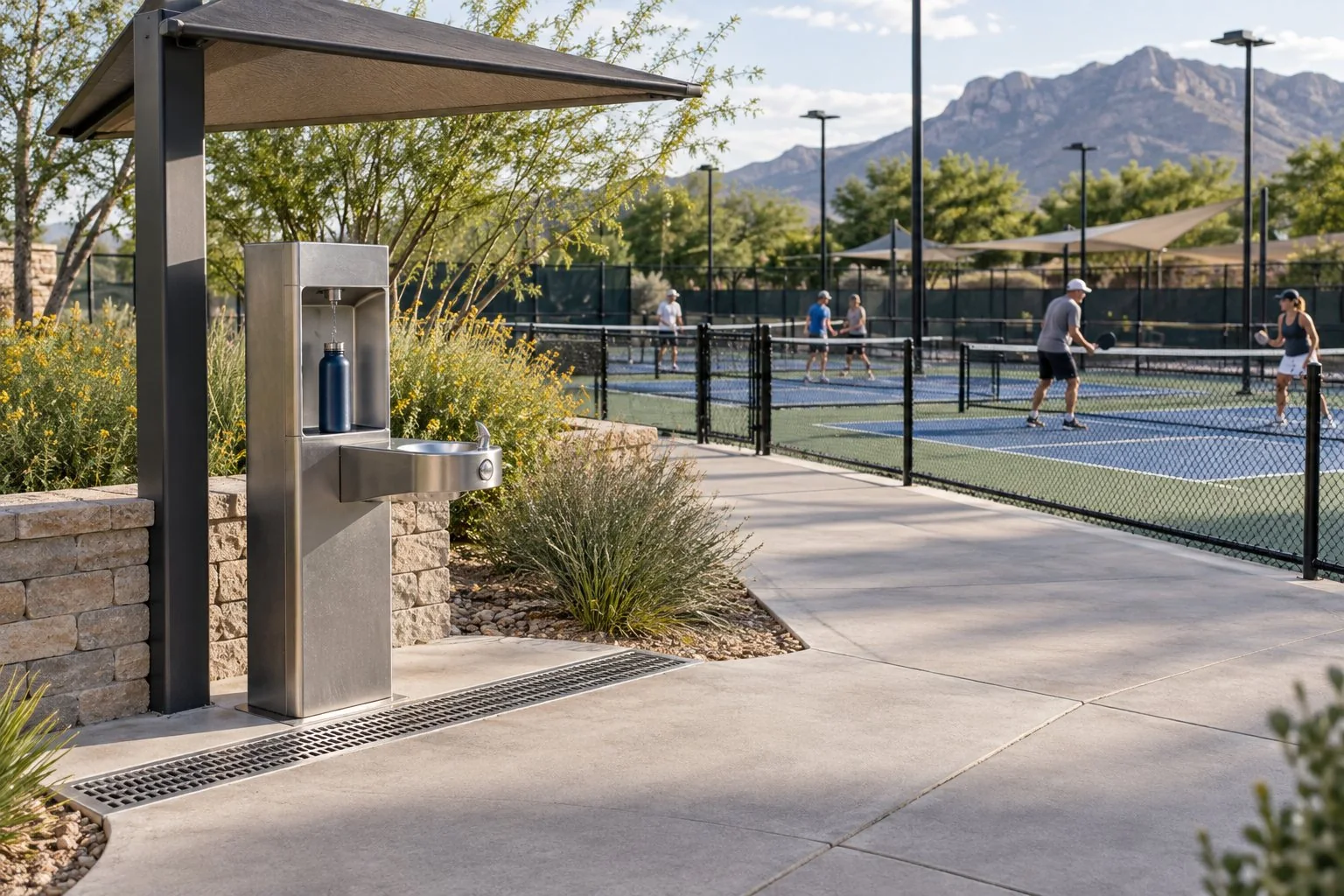 Accessible water refill station on a clear path beside pickleball courts